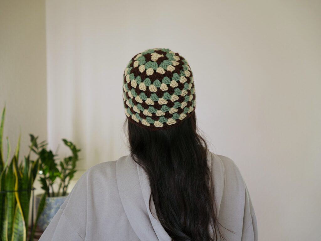 multicolored granny stitch beanie back