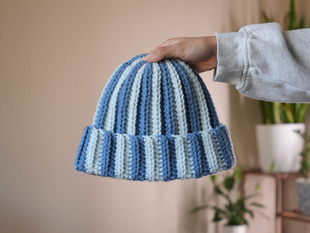 finished crochet striped beanie