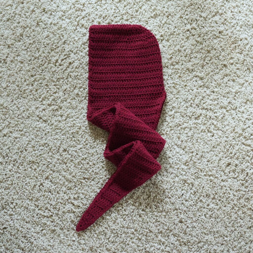 tapered crochet hooded scarf flatlay